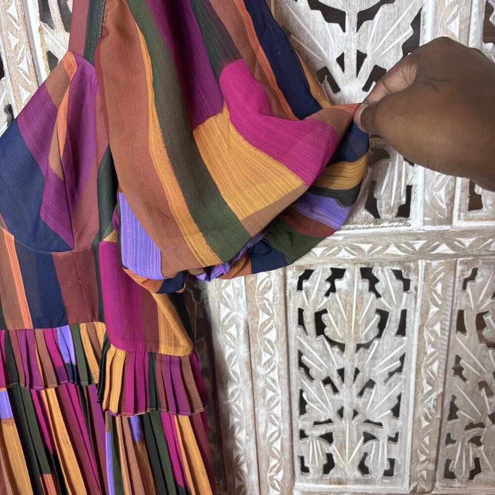 Farm Rio Painted Multicolor Stripes Tiered Maxi Dress L Patchwork Bohemian - Picture 4 of 9
